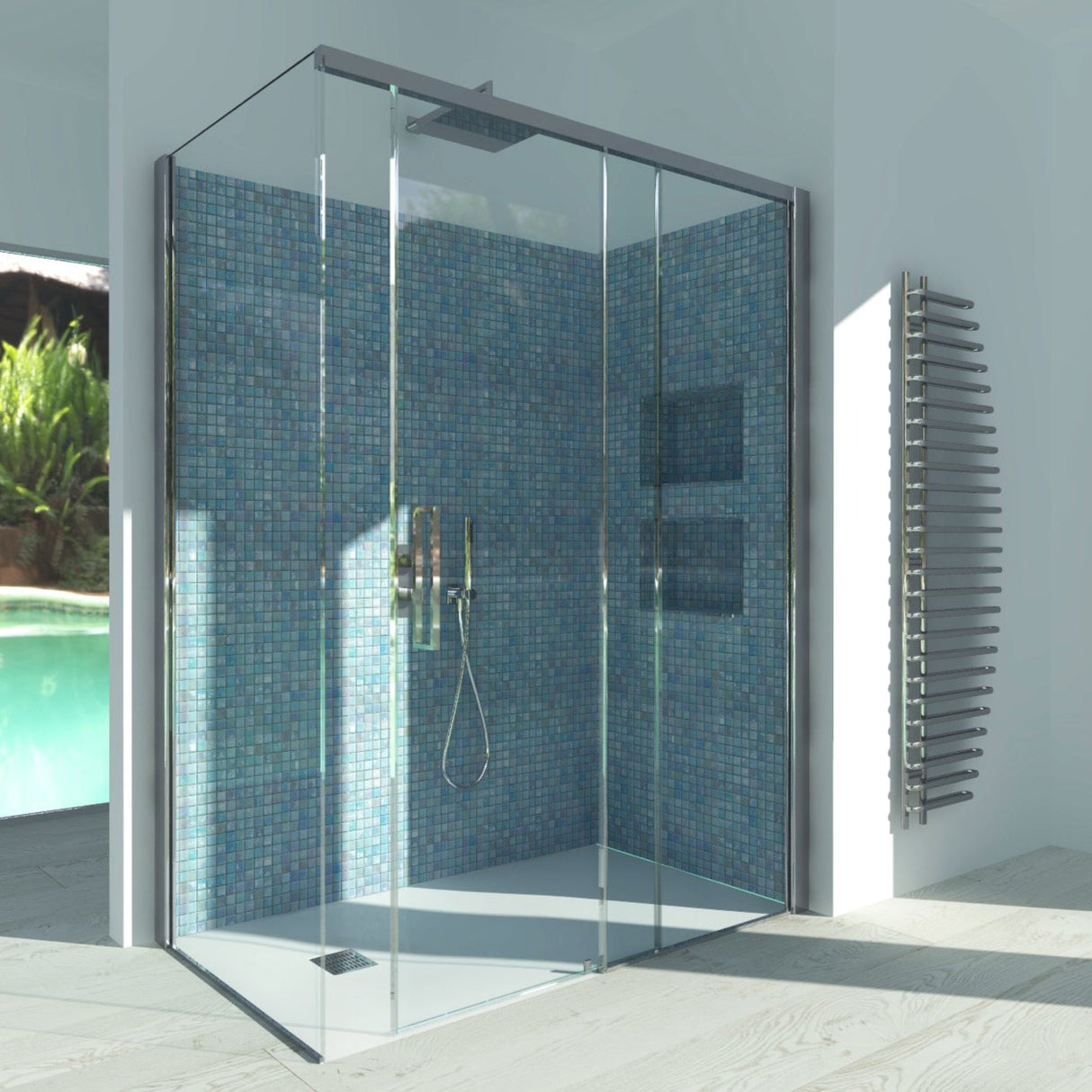 Sliding Shower Enclosure + Fixed Side GELSOMINO A.FS+L - Transparent Tempered Glass 6 mm Polished Silver Profile - Long Right Side