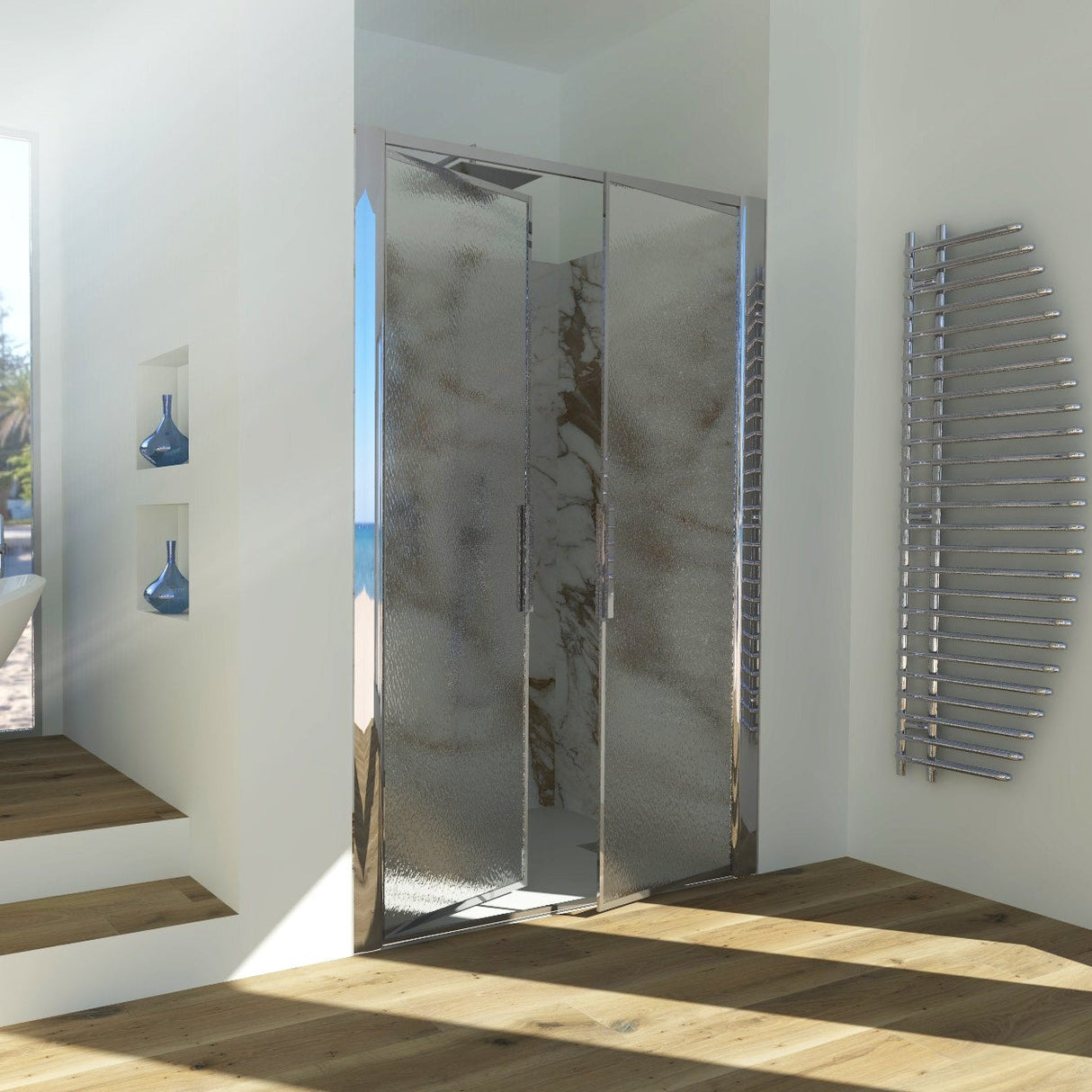 Shower Enclosure in Niche with Saloon Opening GLICINE N.2B - Tempered C Printed Crystal 4 mm Polished Silver Profile