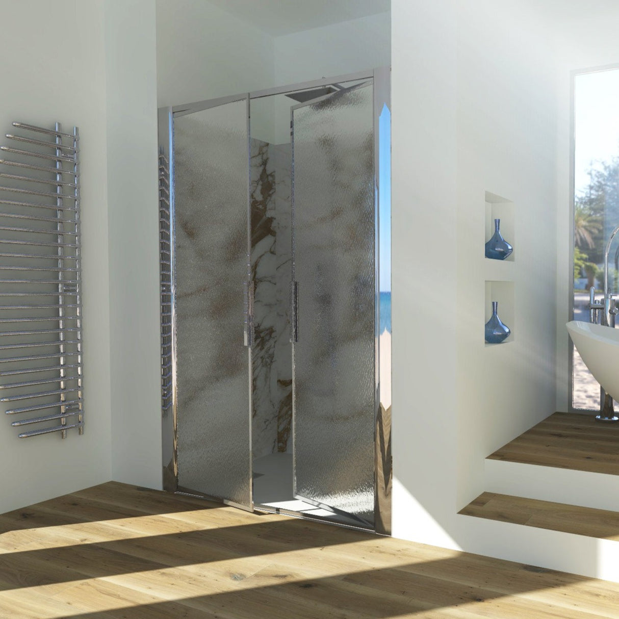 Shower Enclosure in Niche with Saloon Opening GLICINE N.2B - Tempered C Printed Crystal 4 mm Polished Silver Profile