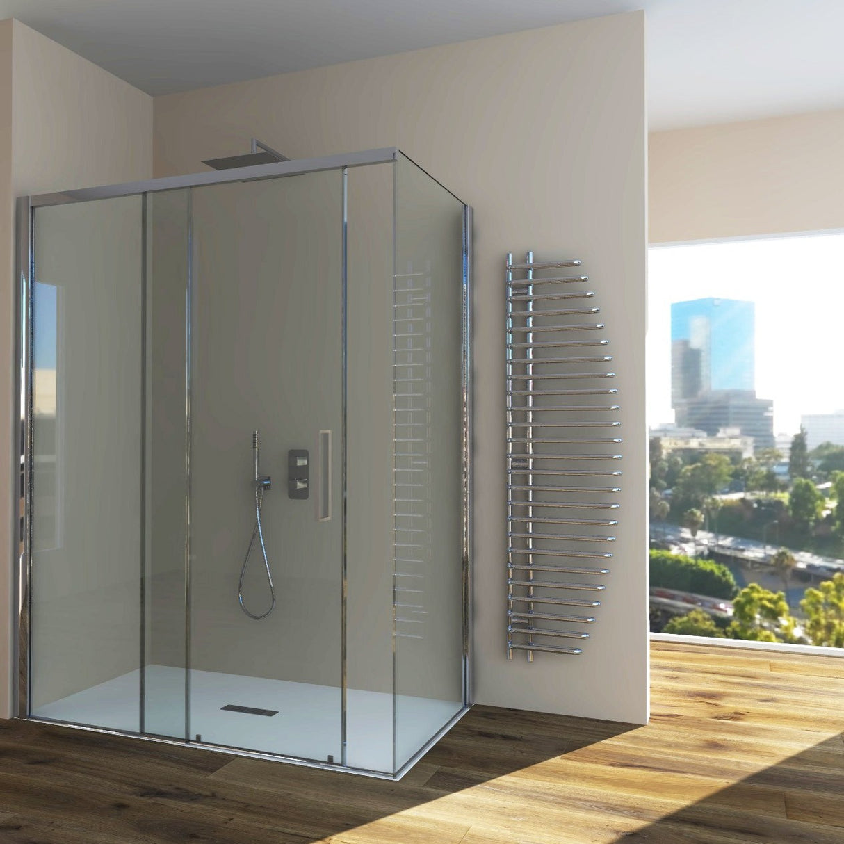 Sliding Shower Enclosure + Fixed Side GELSOMINO A.FS+L - 6 mm Tempered Transparent Glass Polished Silver Profile - Long Left Side