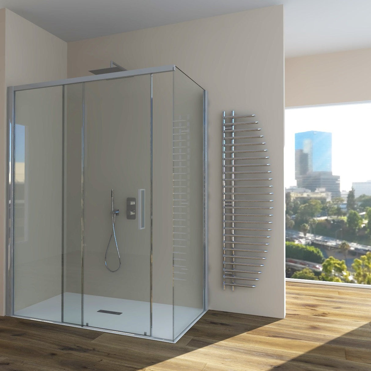 Sliding Shower Enclosure + Fixed Side GELSOMINO A.FS+L - Tempered Transparent Glass 6 mm Satin Silver Profile - Long Left Side