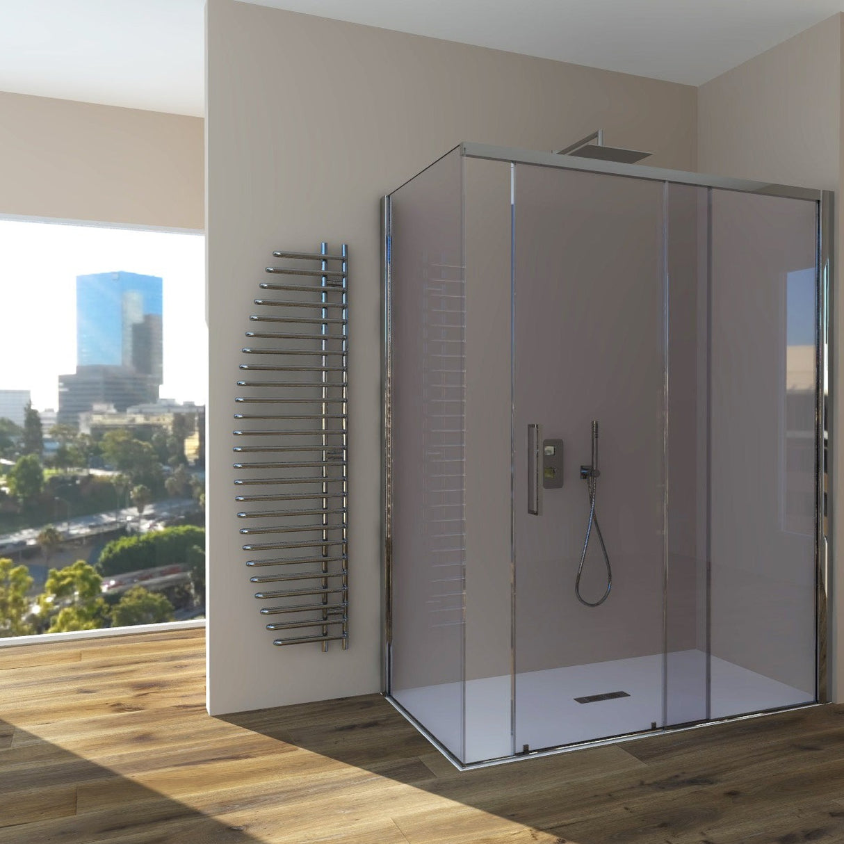 Sliding Shower Enclosure + Fixed Side GELSOMINO A.FS+L - 6 mm Tempered Transparent Glass Chrome Profile - Long Right Side