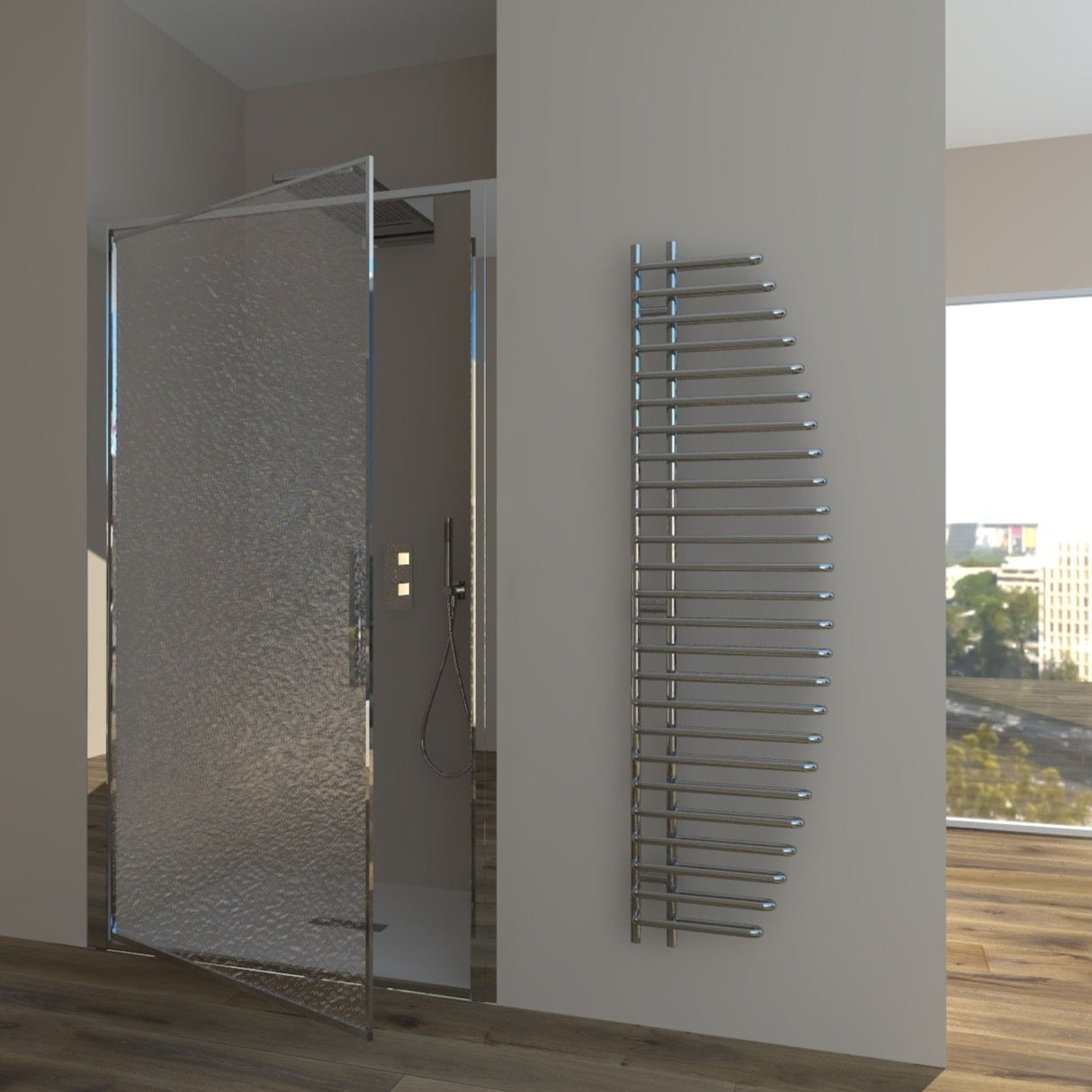 Shower Enclosure in Niche with Hinged Door GLICINE N.B - Acrylic 4 mm Polished Silver Profile