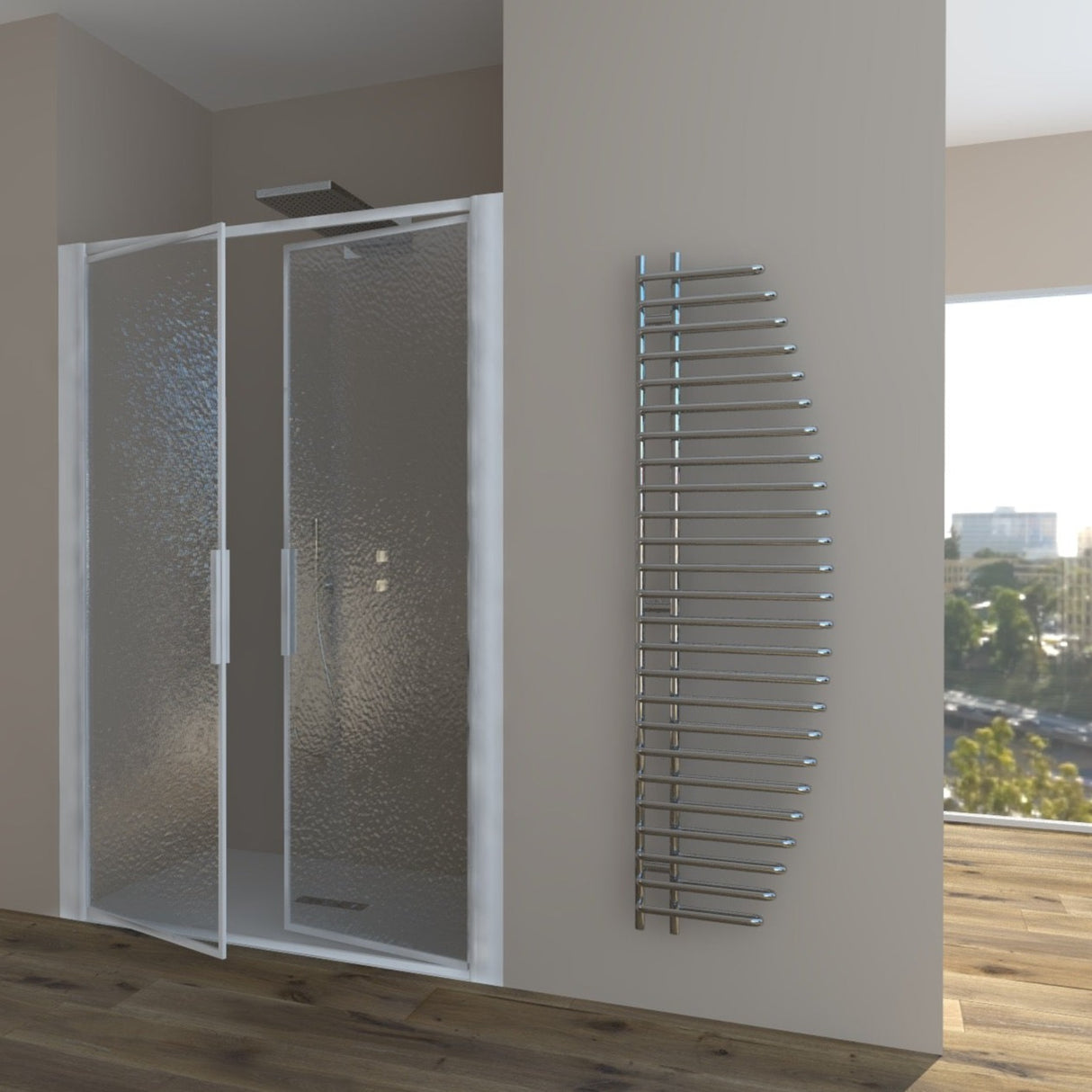 Shower Enclosure in Niche with Saloon Opening GLICINE N.2B - Tempered C Printed Crystal 4 mm Glossy White Profile