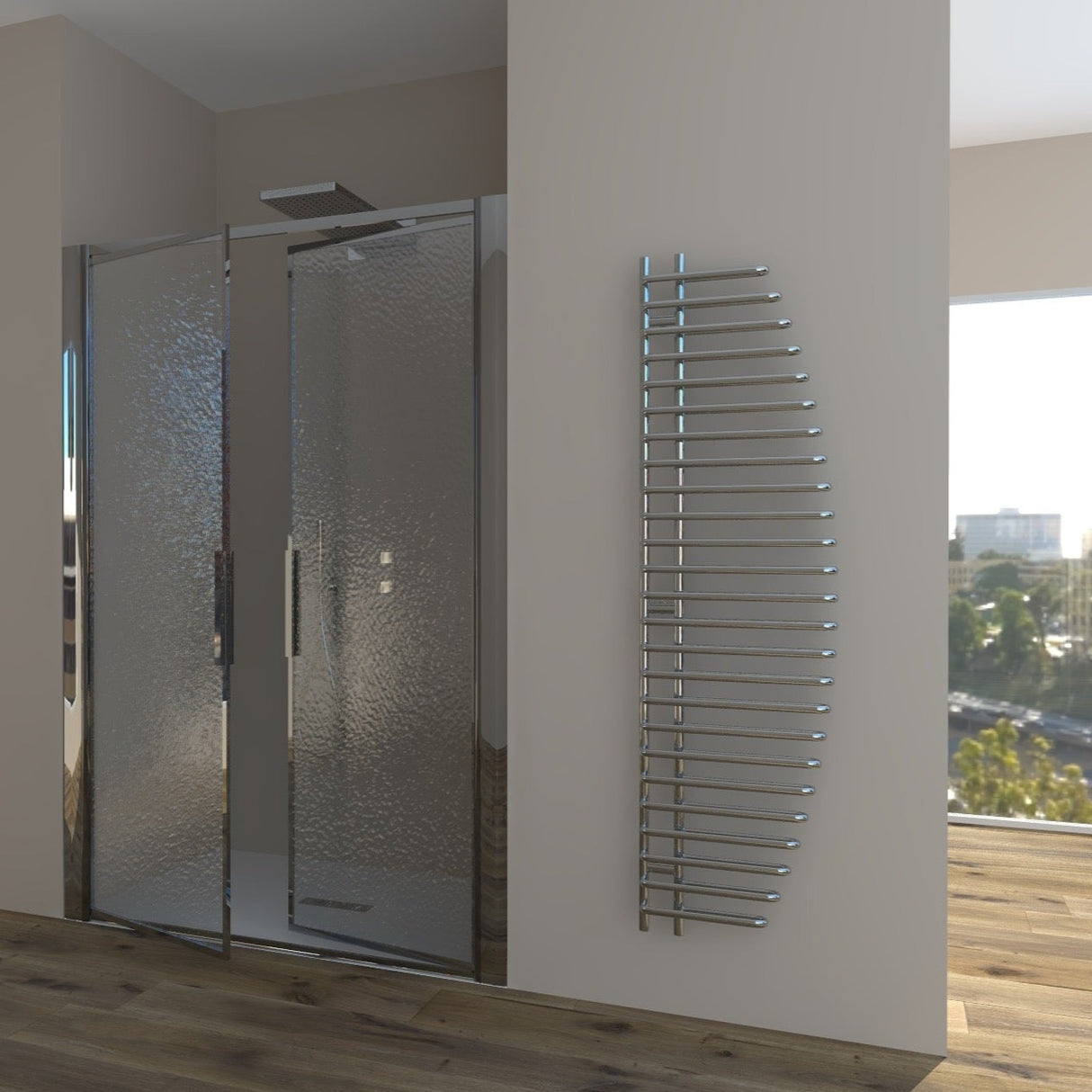 Shower Enclosure in Niche with Saloon Opening GLICINE N.2B - Tempered C Printed Crystal 4 mm Polished Silver Profile