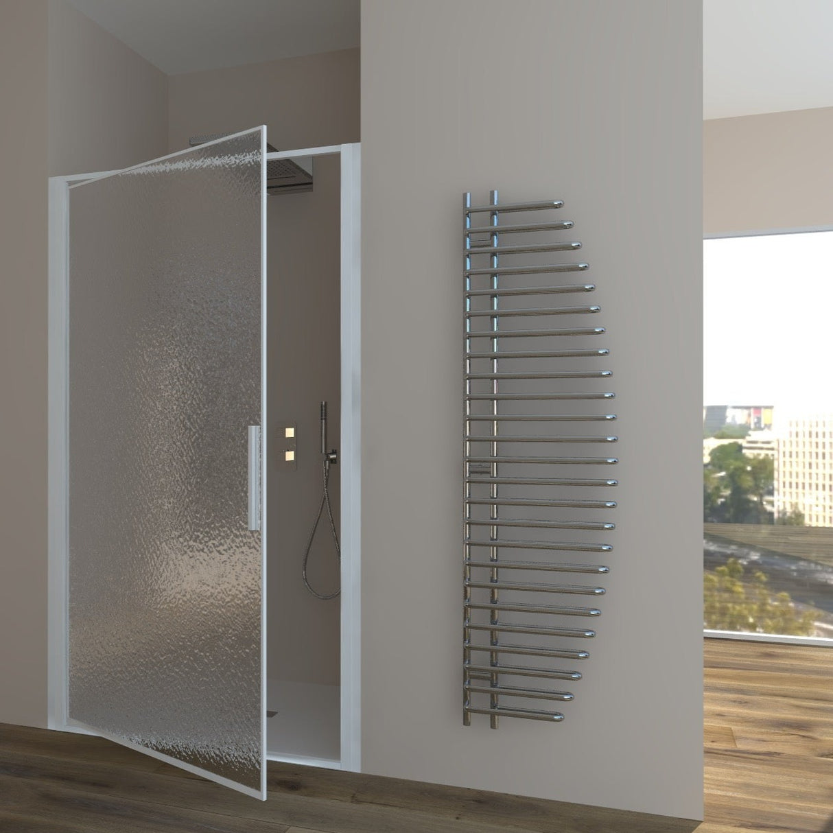 Shower Enclosure in Niche with Hinged Door GLICINE N.B - Tempered C Printed Crystal 4 mm Glossy White Profile