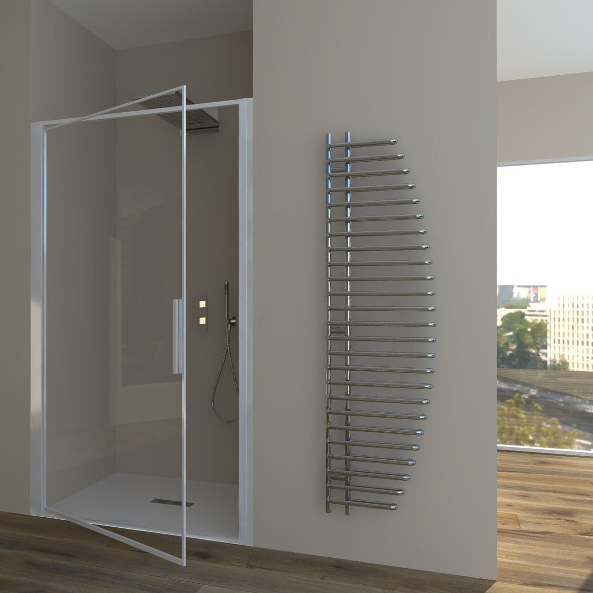 Shower Enclosure in Niche with Hinged Door GLICINE N.B - Transparent Tempered Glass 4 mm Glossy White Profile