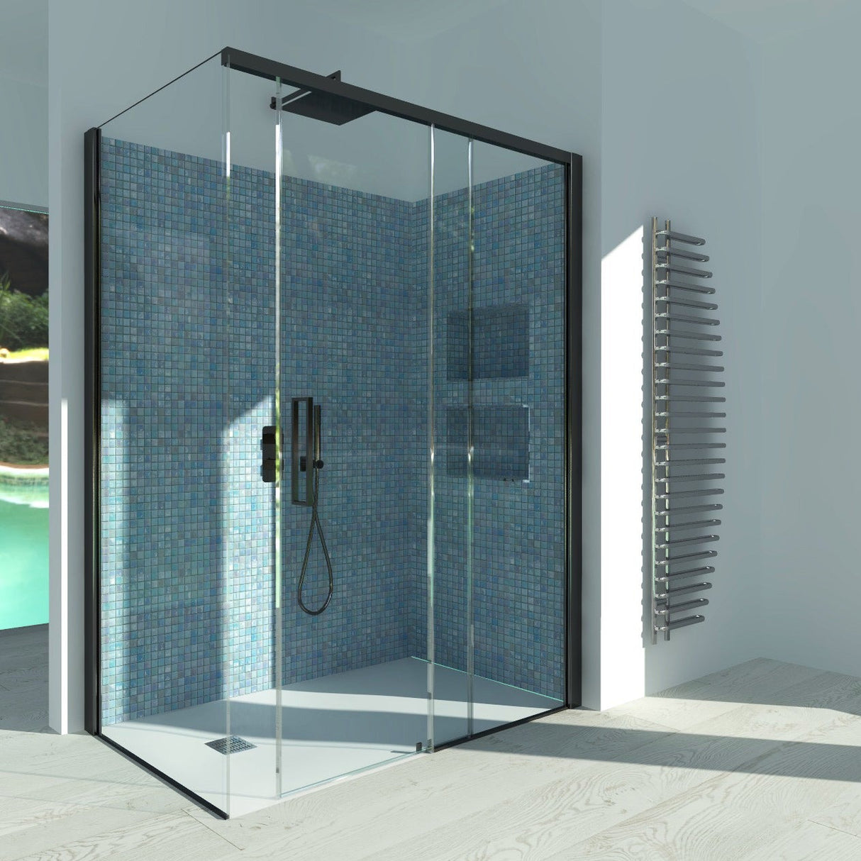 Sliding Shower Enclosure + Fixed Side GELSOMINO A.FS+L - Transparent Tempered Glass 6 mm Matt Black Profile - Long Right Side