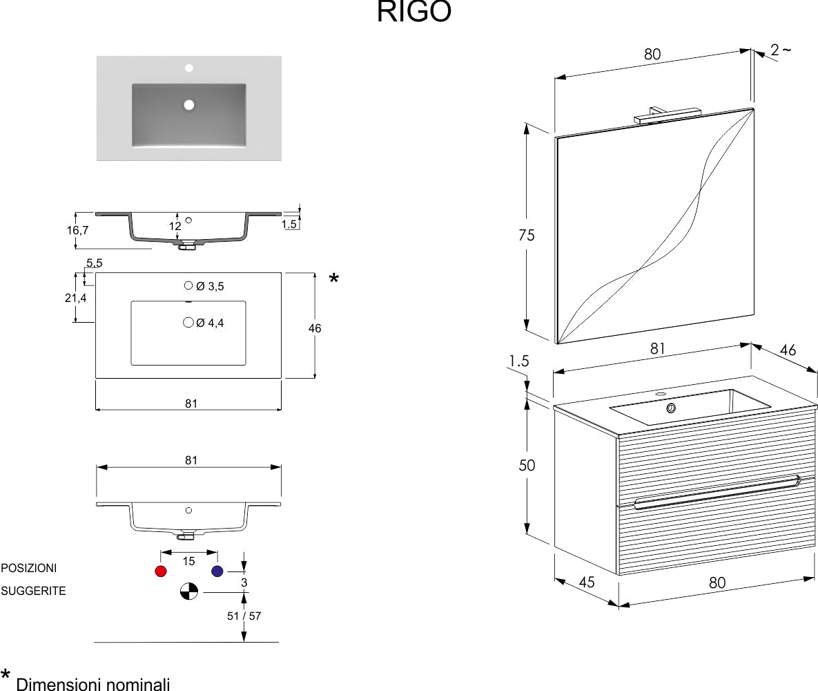 Rigo Bathroom Cabinet cm. 80 x 45 x 50 - LE GRIGIO LAVA