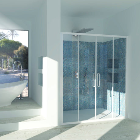 Shower enclosure in niche DALIA N.2FS Central opening with 4 doors - 4 mm tempered transparent glass, opaque white profile