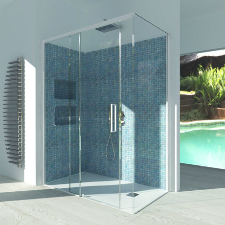 Sliding Shower Enclosure + Fixed Side GELSOMINO A.FS+L - Transparent Tempered Glass 6 mm Opaque White Profile - Long Side Left
