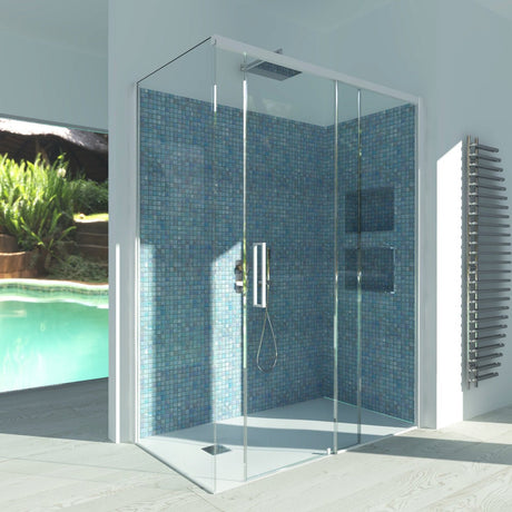 Sliding Shower Enclosure + Fixed Side GELSOMINO A.FS+L - Transparent Tempered Glass 6 mm Opaque White Profile - Long Right Side