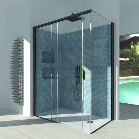 Sliding Shower Enclosure + Fixed Side GELSOMINO A.FS+L - Transparent Tempered Glass 6 mm Matt Black Profile - Long Left Side