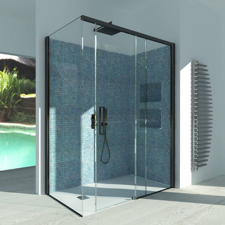 Sliding Shower Enclosure + Fixed Side GELSOMINO A.FS+L - Transparent Tempered Glass 6 mm Matt Black Profile - Long Right Side