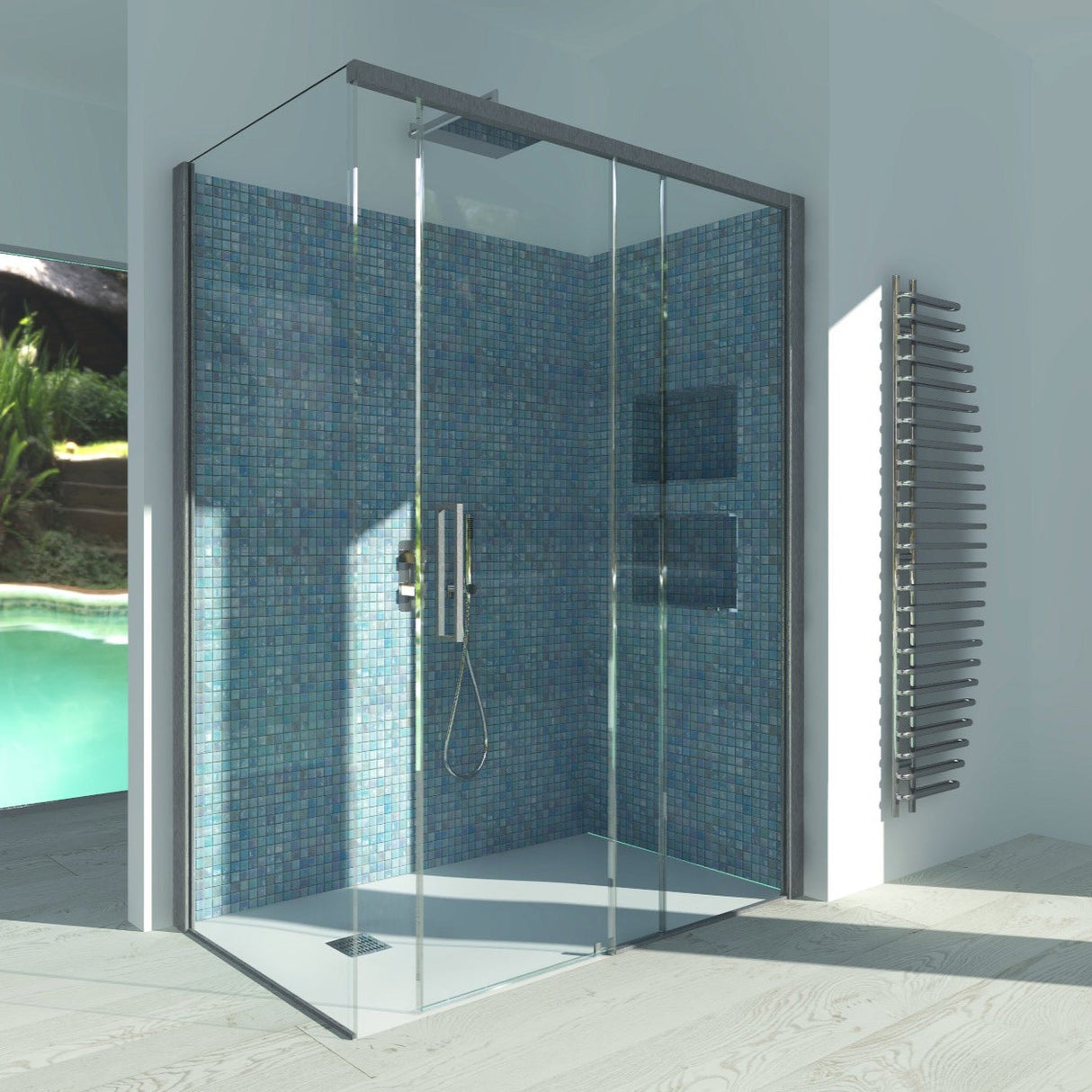 Sliding Shower Enclosure + Fixed Side GELSOMINO A.FS+L - Transparent Tempered Glass 6 mm Satin Silver Profile - Long Right Side