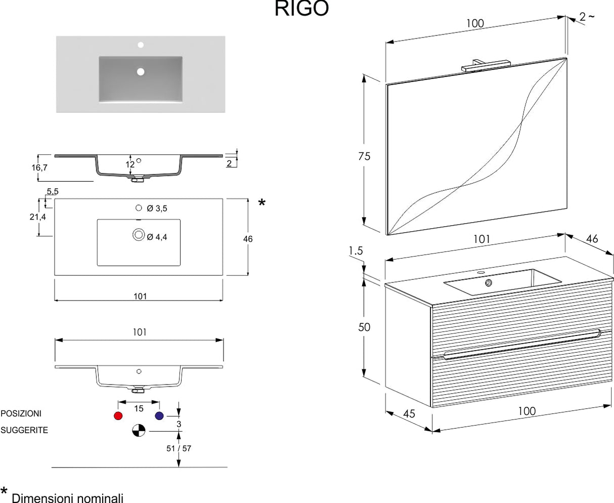 Rigo Bathroom Cabinet cm. 100 x 45 x 50 - LE ROVERE FARNIA