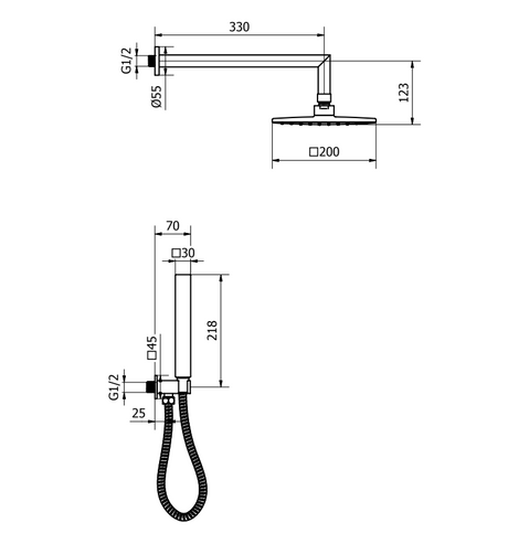 Fester Arm mit 20x20 quadratischem Duschkopf